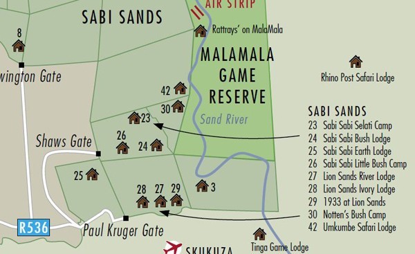 Map of the southern section of the Sabi Sand, home of the Mapogo