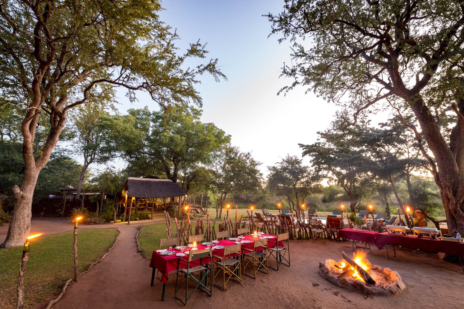 Outdoor dining area with roaring fire under the tall trees at Shindzela