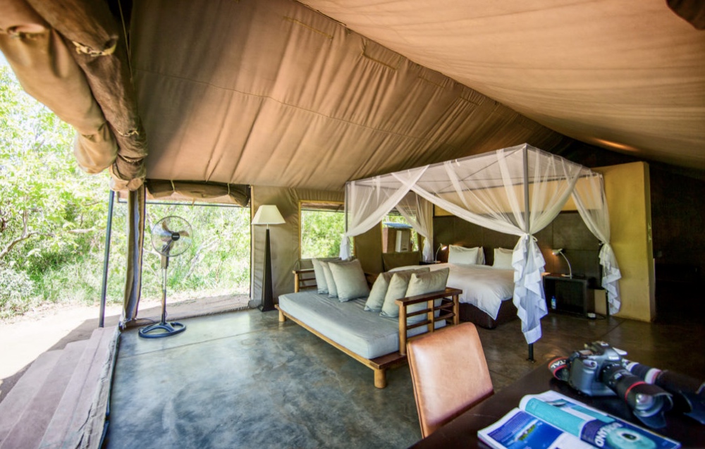 Spacious tented rooms open onto the bush at Khoka Moya Camp
