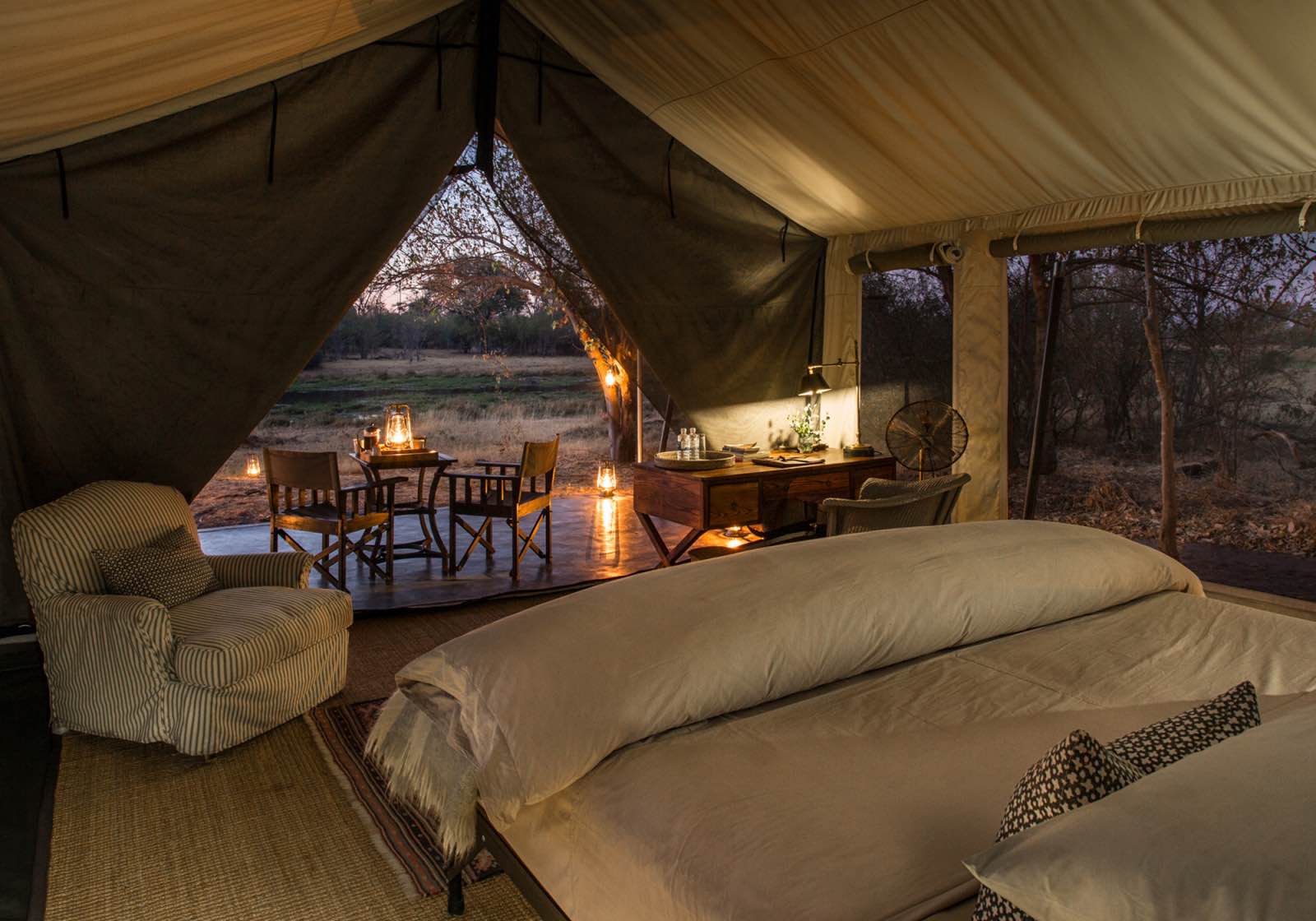 Tent interiors with romantic setup at Machaba Camp