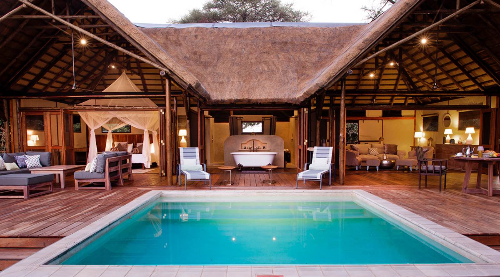 The luxurious Safari Suite at Chiawa Camp with pool at the centre