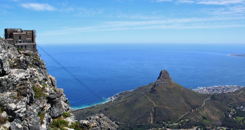 View of Lions Head and the cableway from Table Mountain top 2