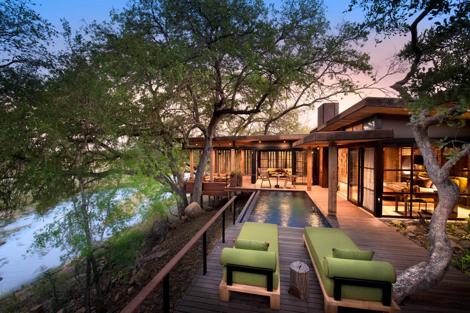 The expansive deck, lap pool, and viewing point of the Tengile guest suites