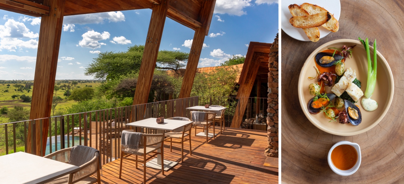 Outdoor eating with a view onto the waterhole and Grumeti landscape below