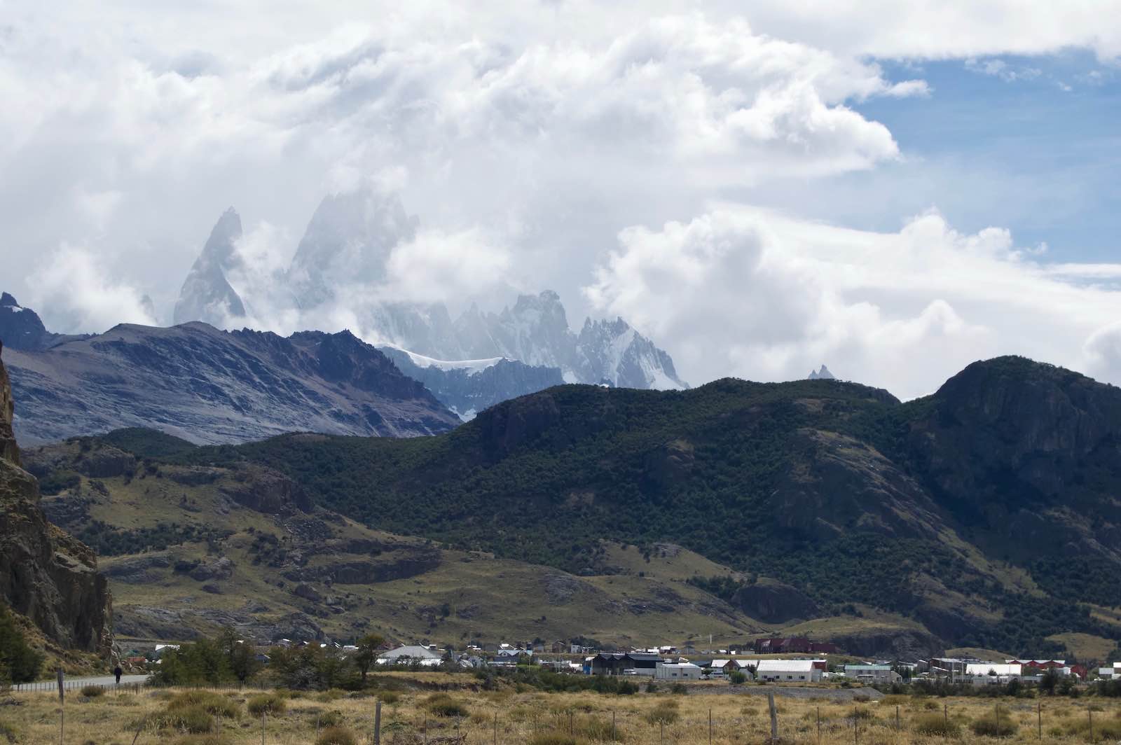 The town of El Chalten with the clouded image of Mount Fitz Roy in the background.