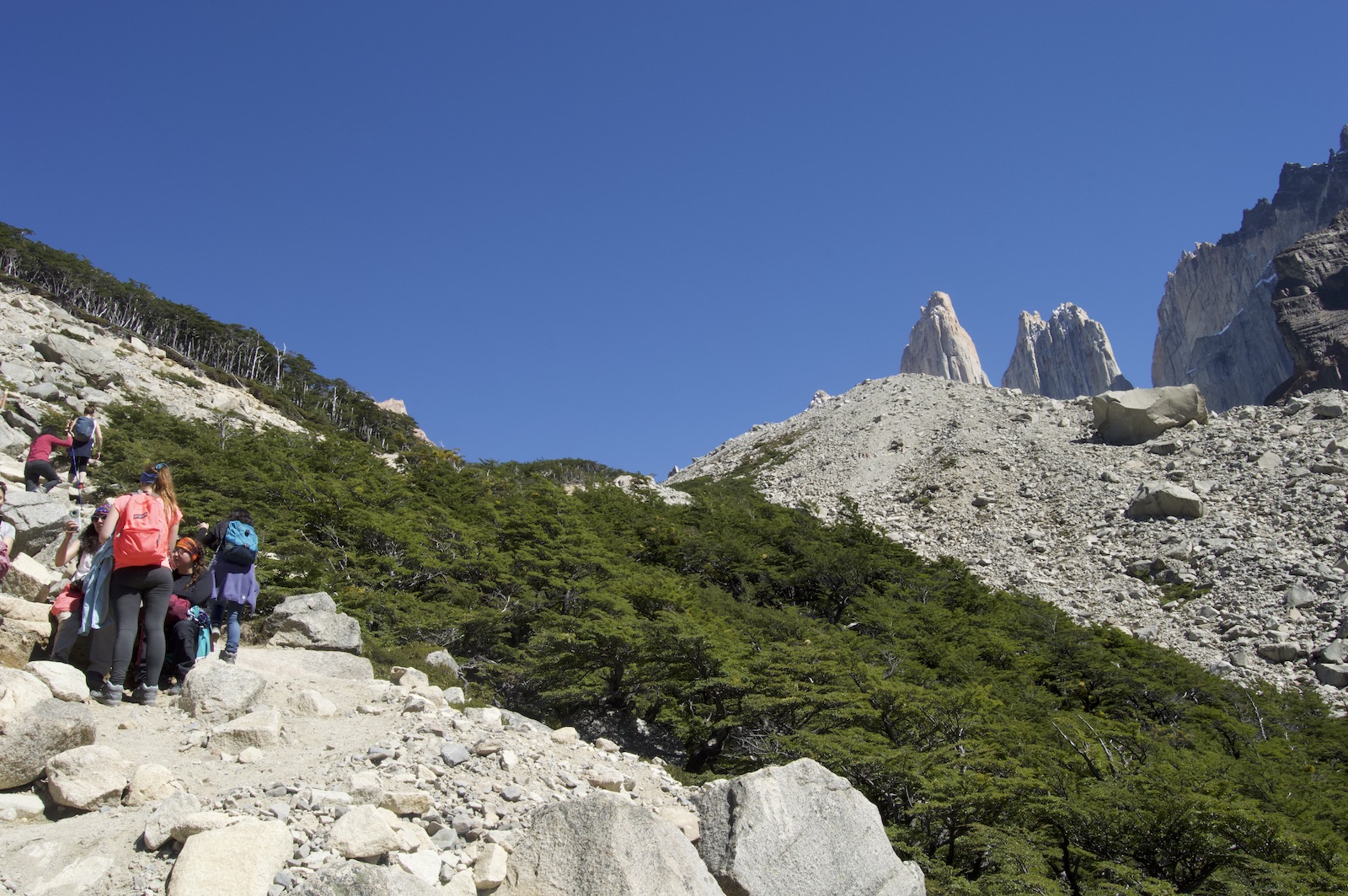 Hikers leading up the final ascent to the Torres on the Mirador Las Torres hike in February in Patagonia