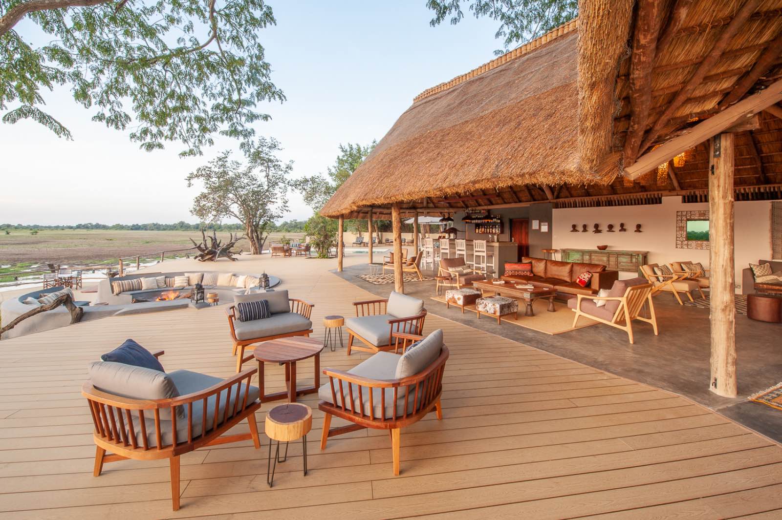 The expansive deck at Kafunta River Lodge offering plenty of places to sit and relax in the peaceful surroundings